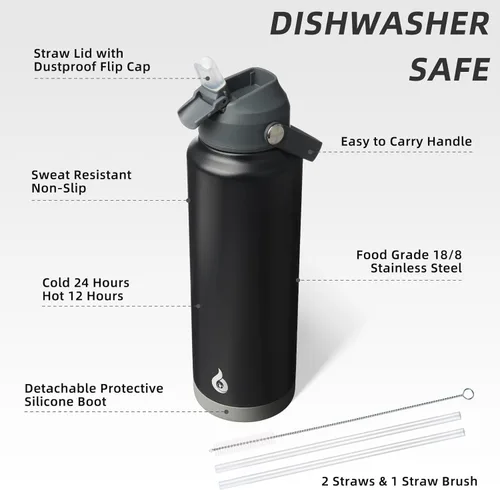 Vista 3 de BJPKPK - Botella de agua aislada con tapa de popote, termo grande de 40 onzas, botellas de agua de acero inoxidable libres de BPA a prueba de fugas