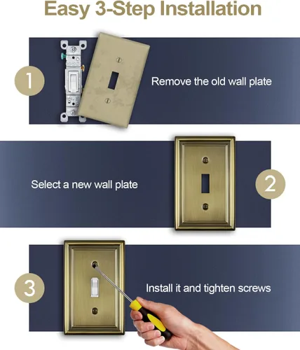 Vista 6 de Paquete de 2 cubiertas para interruptor de luz, cubierta de placa de interruptor de palanca individual, placa decorativa de pared de metal de latón