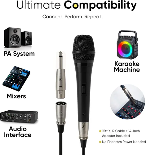 Vista 7 de Bowens Dynamic Mic XLR - Micrófono de karaoke con cable de 15 pies, micrófono vocal de mano para cantar, DJ, podcasting y sistemas de PA, kit