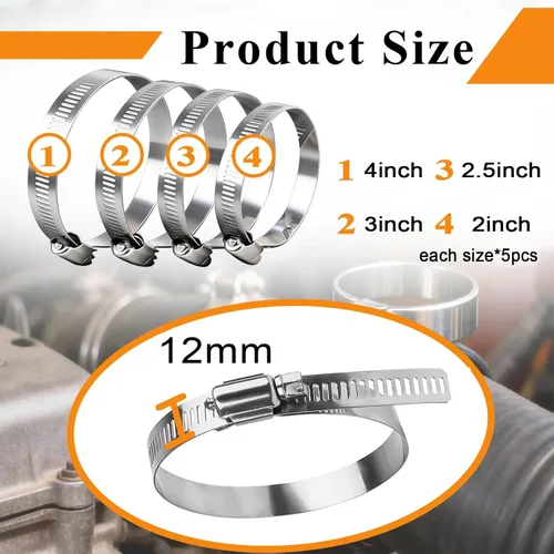 Vista 2 de Juego de 20 abrazaderas de manguera de acero inoxidable 304 plateado de 1.575-4.252 in, surtido de engranajes helicoidales ajustables, 2 pulgadas