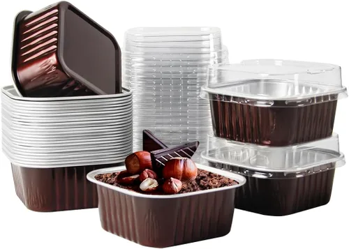 Vista 12 de 50 piezas de mini tazas cuadradas para hornear con tapas, mini moldes de papel de aluminio de 5 onzas con tapas, moldes desechables ramekins