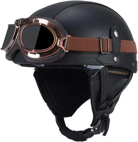 Casco de motocicleta de estilo alemán, casco de motocicleta de cuero Negro