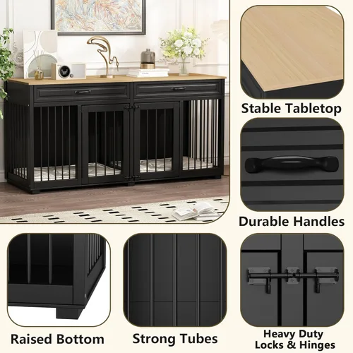 Vista 4 de Muebles para Perrera, 64.6 Pulgadas de Madera Resistente Jaula para Perros Grande Estilo Mueble con Cajones y Divisor, Casa para Perros