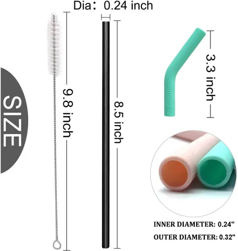 Vista 4 de Juego de 5 pajitas de acero inoxidable Senneny con puntas flexibles de silicona con cubierta de codos, 2 cepillos de limpieza y 1 bolsa portátil