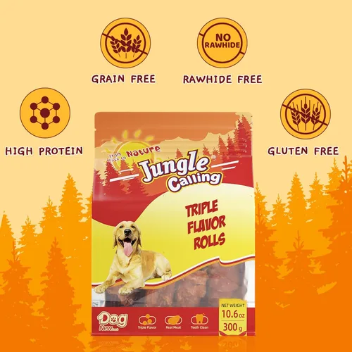 Vista 2 de Jungle Calling Golosinas para perros de triple sabor, hechas con carne de pollo y pato real, aperitivos para perros sin cuero crudo, saludables
