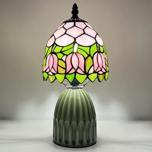 Vista 13 de Tiffany Lamp Stained Glass Mushroom Table Lamps 6X6X12.5 Inch Sea Blue Peacock Tail Style Small Night Light Ceramic Base Mini Accent Desk Light