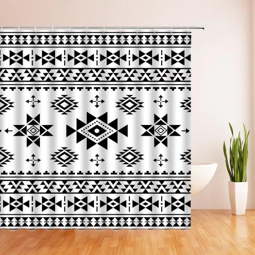 Vista 2 de Cortina de ducha azteca, color negro, blanco, bohemio, tribal, suroeste, navajo, nativo, étnico, abstracto, geométrico, triangular, a rayas