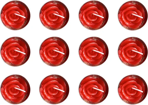 Vista 10 de Velas de té de rosa, 12 piezas hechas a mano delicadas velas de flores con 100 pétalos de rosa de seda, mini discos de vela para bodas
