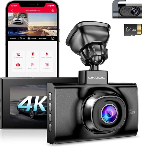 LD02 Lite 4K Dash Cam frontal y trasera, cámara de tablero de coche 5G WiFi GPS, tarjeta SD gratuita de 64 GB, control de voz, visión nocturna WDR,