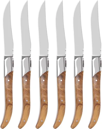 LUVCOSY Juego de cuchillos para carne estilo Laguiole de 6, juego de cuchillos para carne sin dientes con mango de madera de olivo, cuchillos