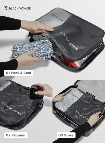 Vista 6 de Black Voyage - Bolsa de viaje reutilizable de compresión al vacío para maleta de mano y mochila, reciclada, impermeable IP67, ahorro de espacio