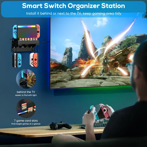Vista 6 de Kit de montaje en pared para Nintendo Switch y OLED, soporte de consola de muelle de interruptor, accesorios de interruptor con 7 modos de luz, 7