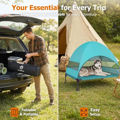 Vista 7 de Cama elevada para perros con toldo a prueba de rayos UV, tienda de campaña para perros al aire libre con potentes pies ajustables, cuna portátil