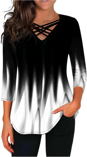 Crop Tops for Women 34 Sleeve Criss Cross Tops Sexy Fashion Gradient Color Print Tops Blouse 2023 Summer New Tunic Shirts