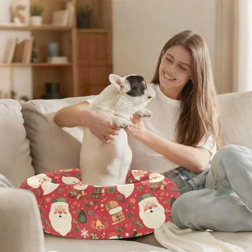 Vista 8 de Wudan Pet Cat Bed Donut Cuddler Fluffy Cat Pillow Bed for Medium Size Pets Sleeping XS Christmas Plaid Santa Claus