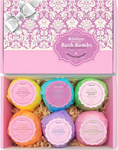 Set de regalo de bombas de baño - 6 burbujas de baño (6 x 2 oz) con sal marina muerta del Mar Muerto, aceites esenciales de cacao y manteca de