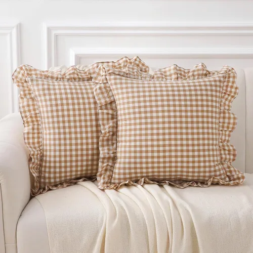 Vista 21 de Paquete de 2 fundas de almohada europeas a cuadros azul polvoriento, blanco, a cuadros, 100% algodón lavado, a cuadros, estilo francés, rústico