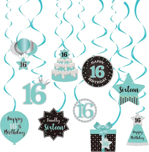 Decoración de techo de remolinos colgantes para fiesta de cumpleaños número 16, decoración de techo con 16 remolinos colgantes de papel de aluminio