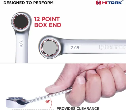 Vista 7 de Juego de 19 piezas de llaves combinadas métricas HITORK (6–24mm) de acero Cr-V con acabado espejo cromado de 12 puntas, extremo de caja con desfase