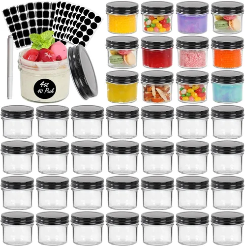 Vista 9 de EkkoVla Paquete de 40 tarros de vidrio de 4 onzas con tapas doradas, mini tarro de boca regular, tarros de conservas para miel, mermelada, gelatina