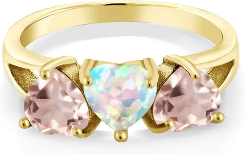 Vista 2 de Gem Stone King 18K Yellow Gold Plated Silver White Simulated Opal Rose Rose Quartz Ring For Women (2.15 Cttw, Available In Size 5, 6, 7, 8, 9)