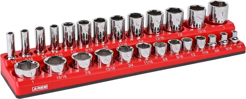 ARES 70234 - Organizador magnético SAE de 26 piezas de 3/8 pulgadas, capacidad para 13 tomas de tamaño estándar y 13 de tamaño profundo, mantén tu