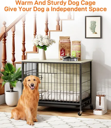 Vista 2 de Muebles de jaula para perros, jaula de madera para perros de 38.6 pulgadas con puertas dobles, muebles para perros, mesa auxiliar grande para perros