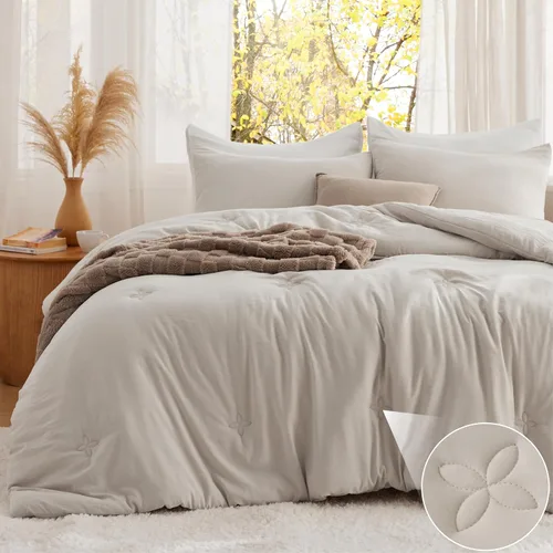 Vista 10 de Bedsure Juego de edredón individual blanco, ropa de cama suave prelavada tamaño individual, edredón acolchado con diseño de trébol, edredón