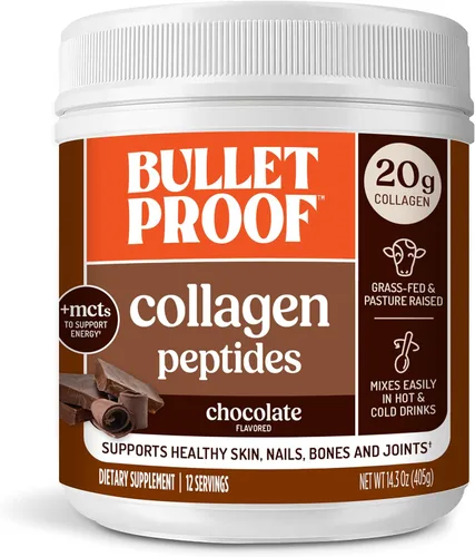 Bulletproof Polvo de Péptidos de Colágeno Chocolate con Aceite MCT, 14.3 Onzas, Proteína de Colágeno Alimentado con Pasto para la Piel, Soporte de