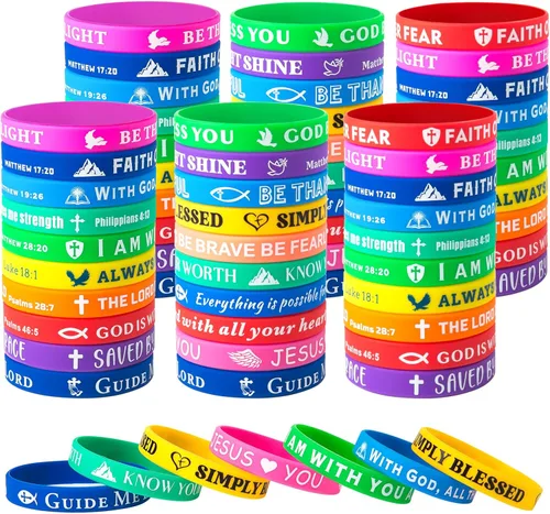 Vista 7 de Pulseras con versículo bíblico, 60 unidades, de silicona, a granel, de Jesús, lindas pulseras de colores cristianos, cómodas y ligeras, regalos