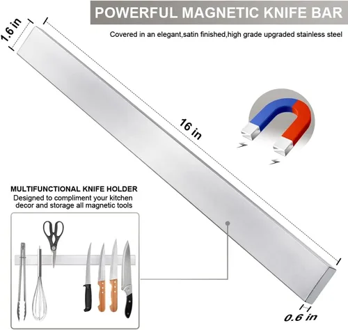 Vista 2 de Ninonly 16 Inch Magnetic Knife Strip, Premium Stainless Steel Wall Mounted Kitchen Knives Bar,Space-Saving Powerful No Drilling Magnetic Knife Rack