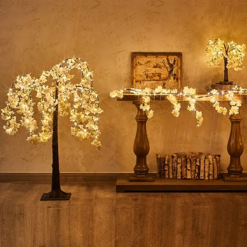 Vista 4 de Fudios - Guirnalda iluminada de flores de cerezo blancas con temporizador, 96 luces LED de hadas, 6 pies, guirnalda de vid artificial con luces
