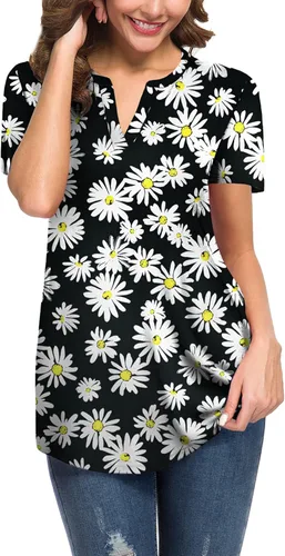 Vista 2 de Neineiwu Blusas de manga corta con cuello en V y corte holgado para mujer