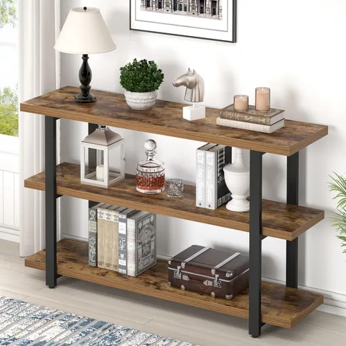 Vista 11 de FOLUBAN Mesa de entrada negra, mesas consola modernas con estantes de almacenamiento de 3 niveles para sala de estar, mesa de sofá de madera y metal