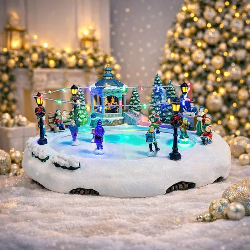 MOMENTS IN TIME Escultura animada de estanque de patinaje de 18.5 cm de alto, aldea navideña con patinadores en movimiento, luces y música LED,