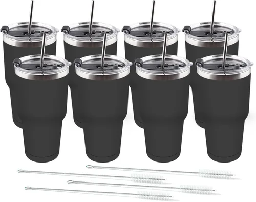 Vista 8 de Amtidy Paquete de 8 tazas de viaje de 30 onzas, vaso de acero inoxidable recubierto de polvo de doble pared a granel, taza de café aislada duradera