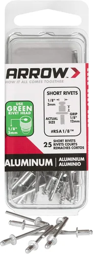 Arrow RSA1/8IP - Remaches cortos de aluminio para metal, tela, cuero y reparación de automóviles, 1/8 pulgadas, paquete de 25