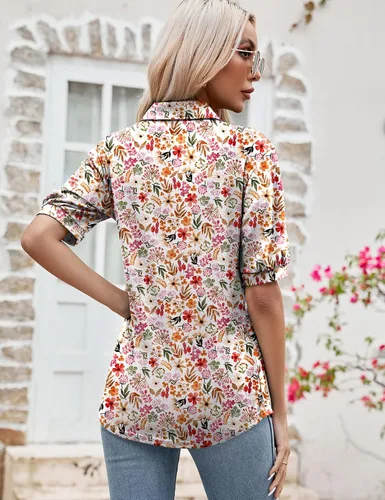 Vista 6 de Micoson Blusas para mujer, estilo casual, de manga corta, con botones, cuello redondo, holgada, túnica de verano 2023