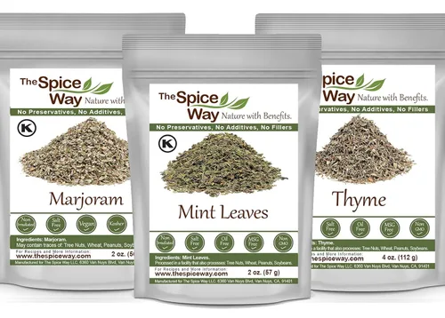 The Spice Way Hojas de menta 2 oz, hojas de mejorana 2 oz y hojas de tomillo 4 oz