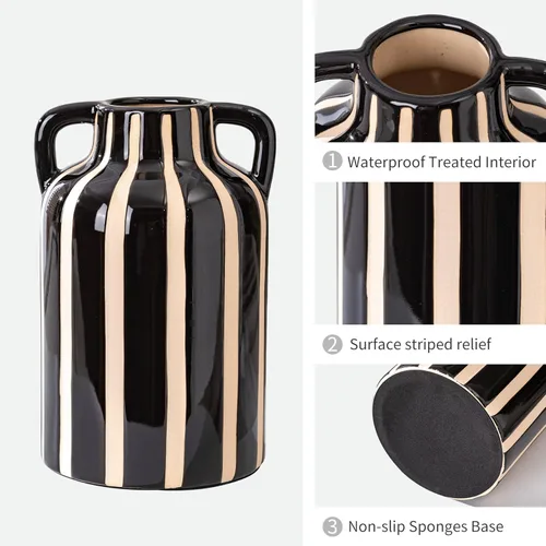 Vista 2 de Jarrón negro y blanco con asas, jarrones de flores decorativos modernos de cerámica para decoración del hogar, manto, centro de mesa rústico