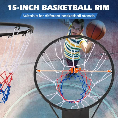 Vista 2 de GYMAX Llanta de baloncesto, repuesto de borde de baloncesto de 15/18 pulgadas con red para todo tipo de clima, aro de baloncesto de repuesto