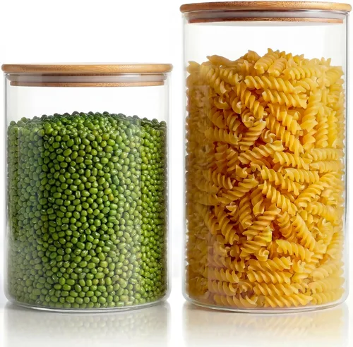 Vista 10 de 32oz - Juego de 4 frascos de vidrio con tapas de bambú, recipientes de almacenamiento de vidrio para despensa con tapas herméticas, botes redondos