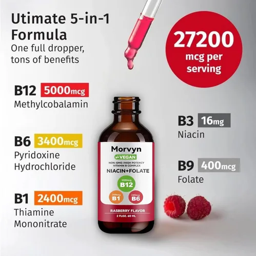 Vista 2 de Morvyn Gotas líquidas de vitamina esencial Gotas líquidas de complejo de vitamina B 5 en 1 Gotas B12 B6 B1 - 2.0 fl oz (1 unidad)
