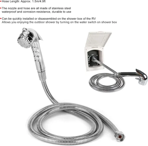 Vista 2 de Cabezal de ducha exterior para caravana con manguera de 4.9 ft/4.9 pies, interfaz de 1/2 rosca, boquilla externa de acero inoxidable, suministro
