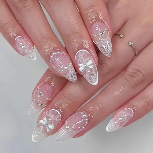 Uñas postizas a presión en forma de almendra, uñas falsas medianas con diseños de arcos 3D, perlas y strass, puntas francesas, uñas a presión