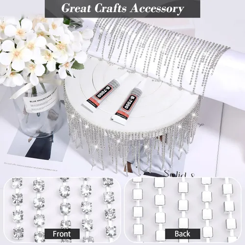 Vista 2 de ROADPLUM Flecos de diamantes de imitación con pegamento, borde de borla de diamantes de imitación, cadena de flecos de cristal de plata brillante