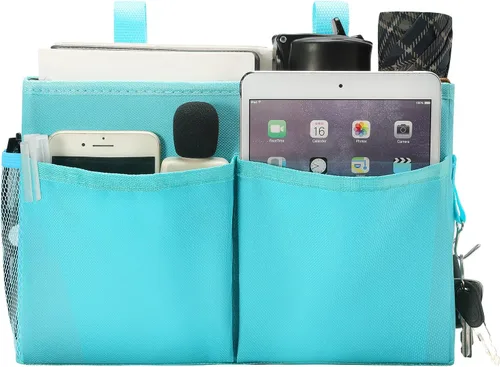 Bseash Organizador de litera, organizador de cama colgante para mesita de noche, bolsa de almacenamiento con 4 bolsillos y 2 ganchos, para Azul claro