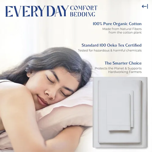 Vista 99 de Mayfair Linen Juego de sábanas de 4 piezas de tejido de percal de 100 % algodón orgánico, suave, refrescante, transpirable y con bolsillo profundo