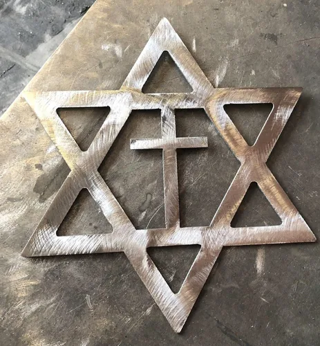 Vista 3 de Estrella de David con cruz de 12 pulgadas de cobre/bronce para colgar decoración de pared de metal