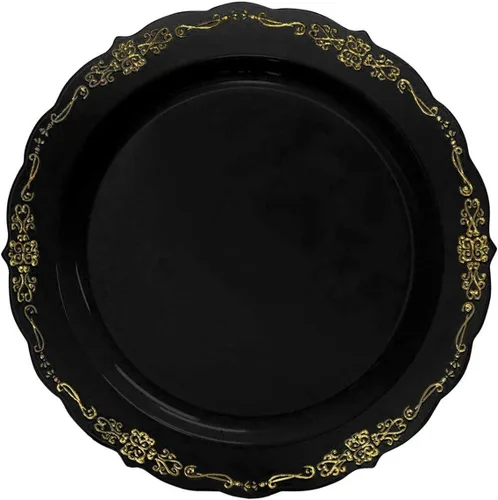 Kaya Platos de Ensalada Elegantes de Plástico Desechables Redondos Negros con Borde Dorado Vintage - 7.5" (Paquetes de 10) - Materiales de Calidad